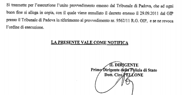 Sentenza dissequestro siti Tribunale di Padova